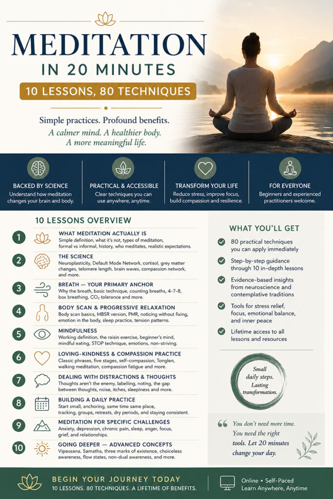 Meditation in 20 Minutes: 10 Lessons, 80 Practical Techniques - FREE Mini Course