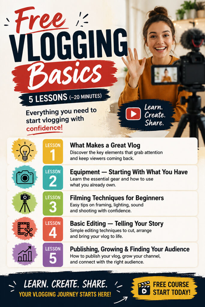 Free Vlogging Basics Course — 5 lessons (~20 minutes):